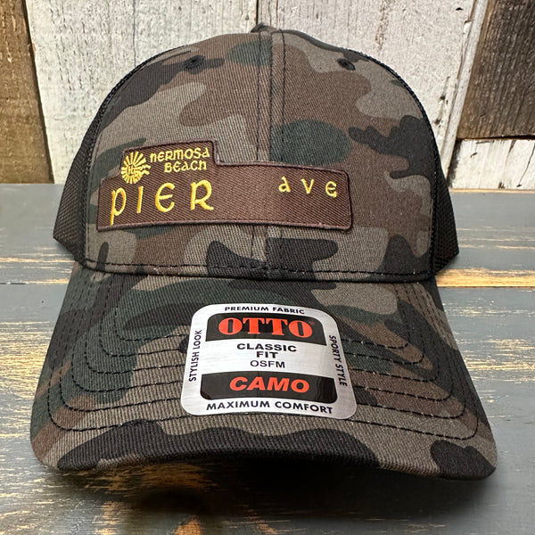 Hermosa Beach PIER AVE 6 Panel Low Profile Trucker Hat - Camo/Black Mesh