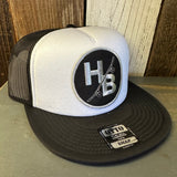 Hermosa Beach SKATEBOARDING WAS NEVER A CRIME Trucker Hat - Black/White (Flat Brim)