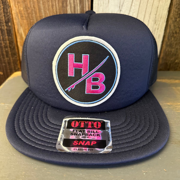 Hermosa Beach SO PITTED! :: HB SURFBOARD Trucker Hat - Navy (Flat Brim)