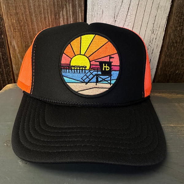 Hermosa Beach OBLIGATORY SUNSET Trucker Hat - Black/Neon Orange