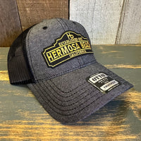 Hermosa Beach ARE YOU ESTABLISHED? 6 Panel Low Profile Mesh Back Trucker Hat - Faded Black/Black