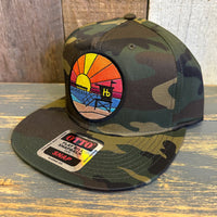 Hermosa Beach OBLIGATORY SUNSET 6 Panel FLEX BILL Snapback Hat - Camo