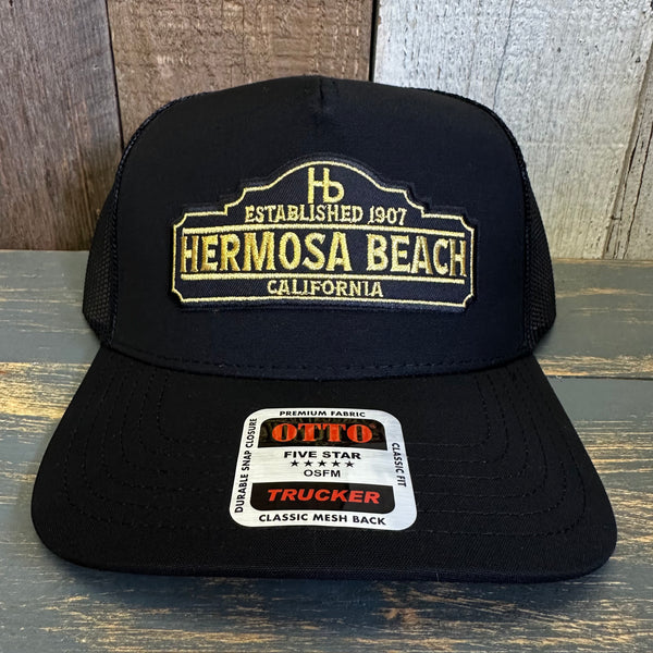 Hermosa Beach ARE YOU ESTABLISHED? - 5 Panel Mid Profile Mesh Back Trucker Hat - Black