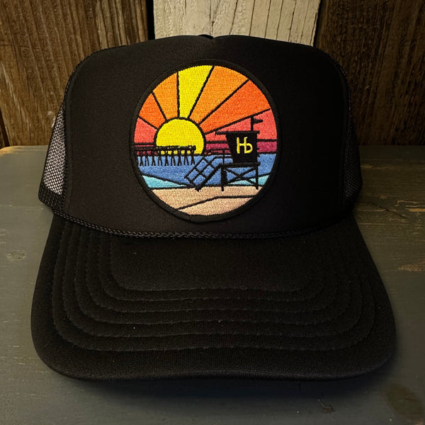 Hermosa Beach OBLIGATORY SUNSET Mid Crown Trucker Hat - Black (Curved Brim)