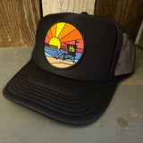 Hermosa Beach OBLIGATORY SUNSET Mid Crown Trucker Hat - Black (Curved Brim)