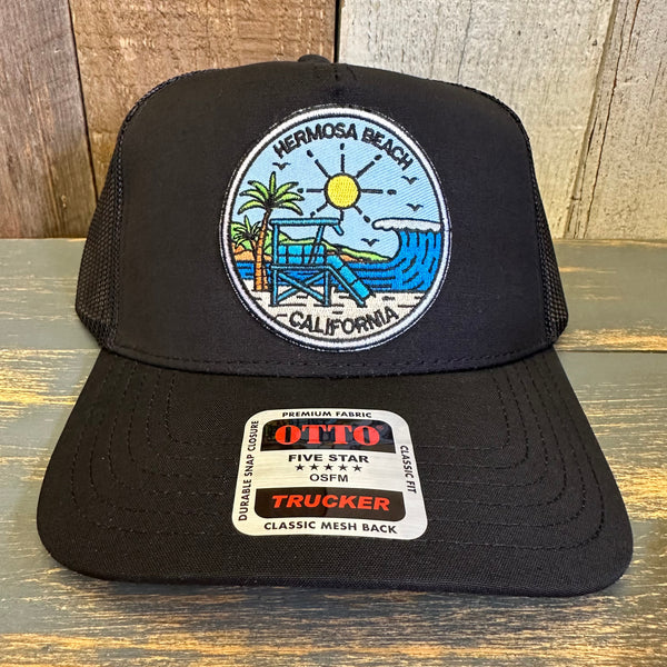 Hermosa Beach SHOREFRONT - 5 Panel Mid Profile Mesh Back Trucker Hat - Black