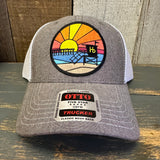 Hermosa Beach OBLIGATORY SUNSET 6 Panel Low Profile Mesh Back Trucker Hat - Charcoal Grey/White