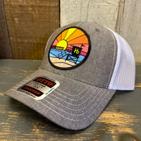 Hermosa Beach OBLIGATORY SUNSET 6 Panel Low Profile Mesh Back Trucker Hat - Charcoal Grey/White