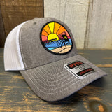 Hermosa Beach OBLIGATORY SUNSET 6 Panel Low Profile Mesh Back Trucker Hat - Charcoal Grey/White