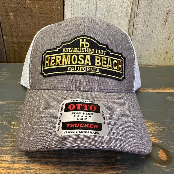 Hermosa Beach ARE YOU ESTABLISHED? 6 Panel Low Profile Mesh Back Trucker Hat - Charcoal Grey/White