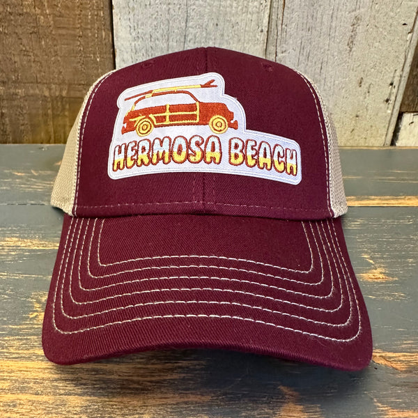 Hermosa Beach WOODIE 6 Panel Low Profile Mesh Back Trucker Hat - Maroon/Khaki