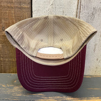 Hermosa Beach AS REAL AS THE STREETS 6 Panel Low Profile Mesh Back Trucker Hat - Maroon/Khaki