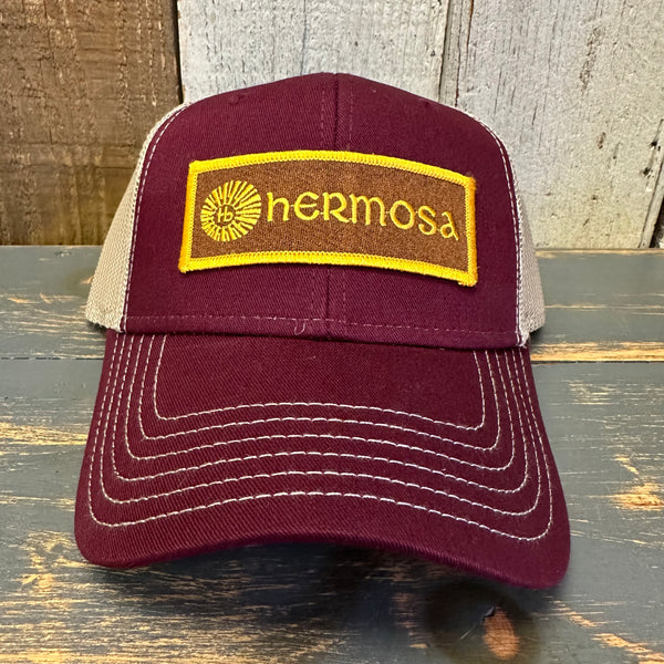 Hermosa Beach AS REAL AS THE STREETS 6 Panel Low Profile Mesh Back Trucker Hat - Maroon/Khaki