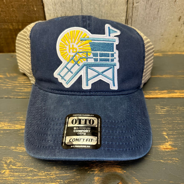 Hermosa Beach LIFEGUARD TOWER Low Profile Trucker Hat - Vintage Wash Navy Blue/Khaki