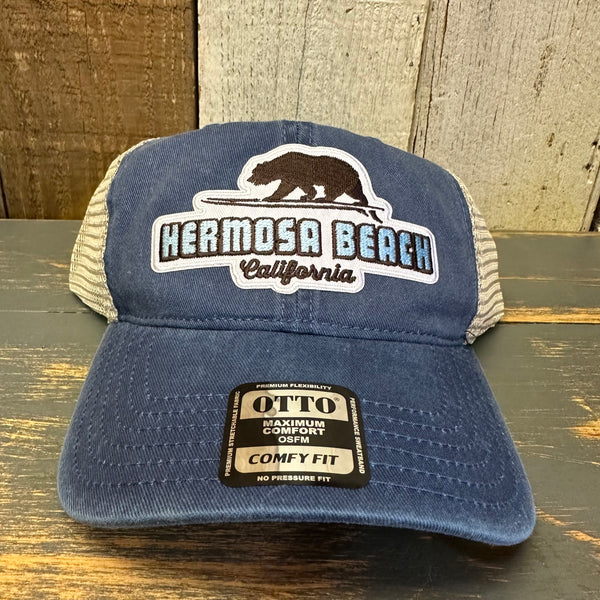 Hermosa Beach SURFING GRIZZLY BEAR Low Profile Trucker Hat - Vintage Wash Navy Blue/Khaki