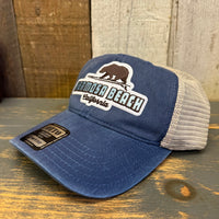 Hermosa Beach SURFING GRIZZLY BEAR Low Profile Trucker Hat - Vintage Wash Navy Blue/Khaki