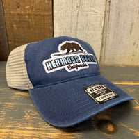 Hermosa Beach SURFING GRIZZLY BEAR Low Profile Trucker Hat - Vintage Wash Navy Blue/Khaki