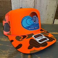 Hermosa Beach TUBULAR High Crown Trucker Hat - Neon Orange Hunters Camo