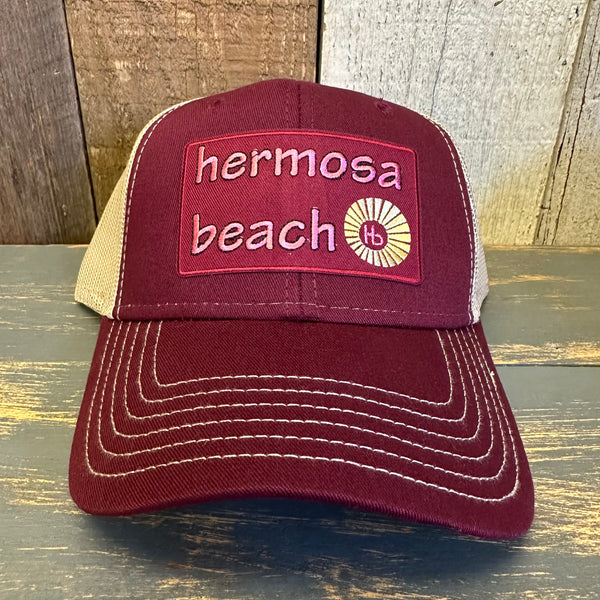 Hermosa Beach WELCOME SIGN 6 Panel Low Profile Mesh Back Trucker Hat - Maroon/Khaki