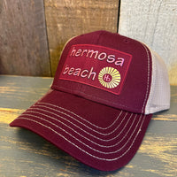 Hermosa Beach WELCOME SIGN 6 Panel Low Profile Mesh Back Trucker Hat - Maroon/Khaki