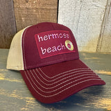 Hermosa Beach WELCOME SIGN 6 Panel Low Profile Mesh Back Trucker Hat - Maroon/Khaki