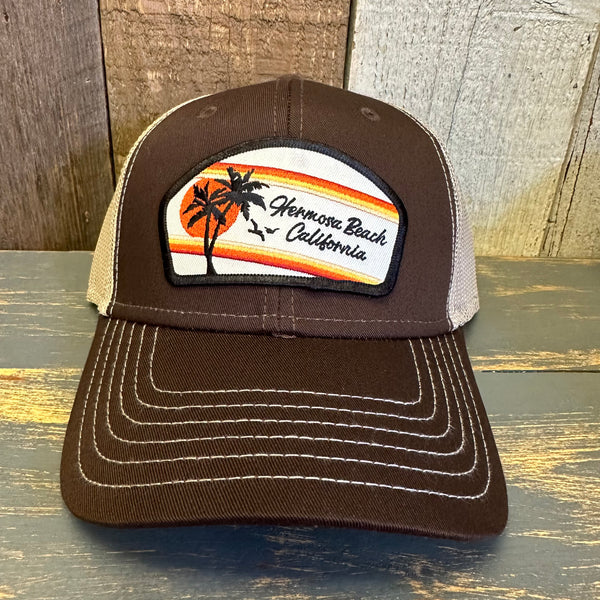 Hermosa Beach RETRO SUNSET 6 Panel Low Profile Mesh Back Trucker Hat - Brown/Khaki