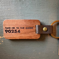 TAKE ME TO THE SHORE : 90254 : Hermosa Beach Wood and Leather Keychain with Engraving on Both Sides