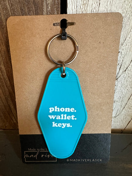 phone wallet keys - Retro Hotel Keychain : Teal (white text)