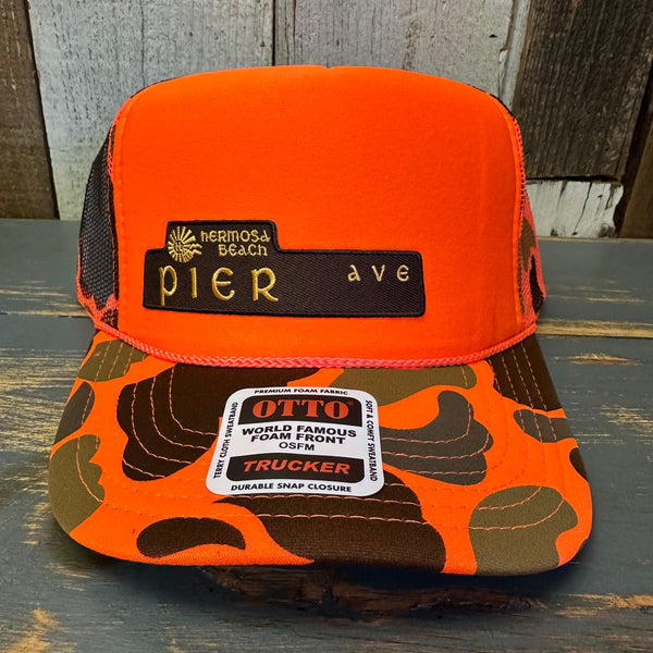 Hermosa Beach PIER AVE High Crown Trucker Hat - Neon Orange Hunters Camo