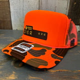 Hermosa Beach PIER AVE High Crown Trucker Hat - Neon Orange Hunters Camo