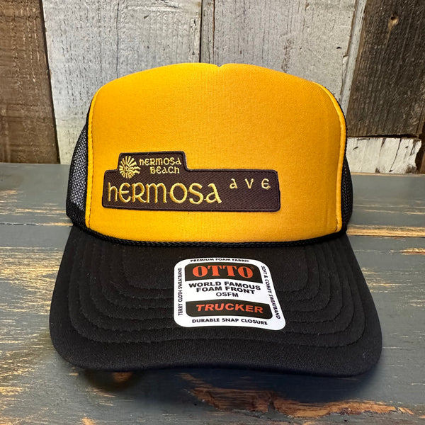 Hermosa Beach HERMOSA AVE 5 Panel High Crown Mesh Back Trucker Hat- Black/Gold