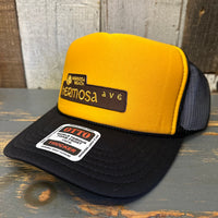 Hermosa Beach HERMOSA AVE 5 Panel High Crown Mesh Back Trucker Hat- Black/Gold
