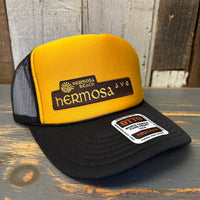 Hermosa Beach HERMOSA AVE 5 Panel High Crown Mesh Back Trucker Hat- Black/Gold