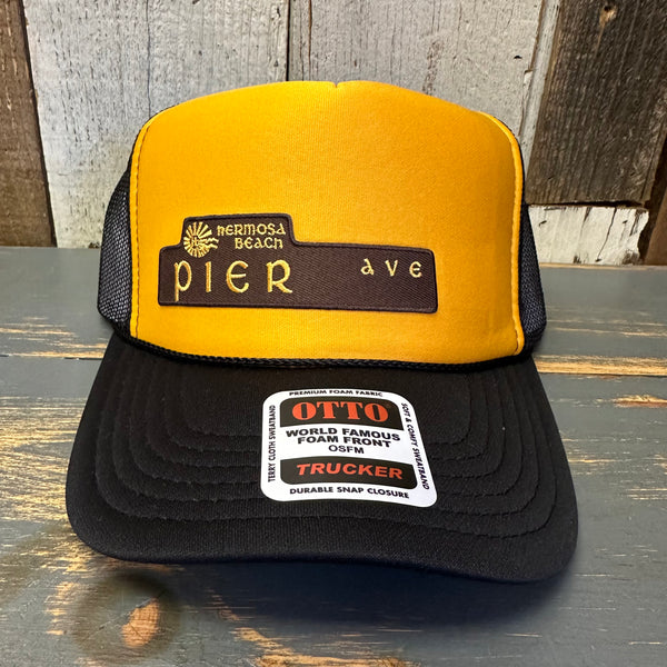 Hermosa Beach PIER AVE 5 Panel High Crown Mesh Back Trucker Hat- Black/Gold