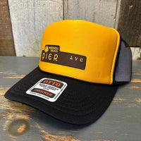 Hermosa Beach PIER AVE 5 Panel High Crown Mesh Back Trucker Hat- Black/Gold