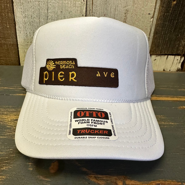 Hermosa Beach PIER AVE High Crown Trucker Hat - White