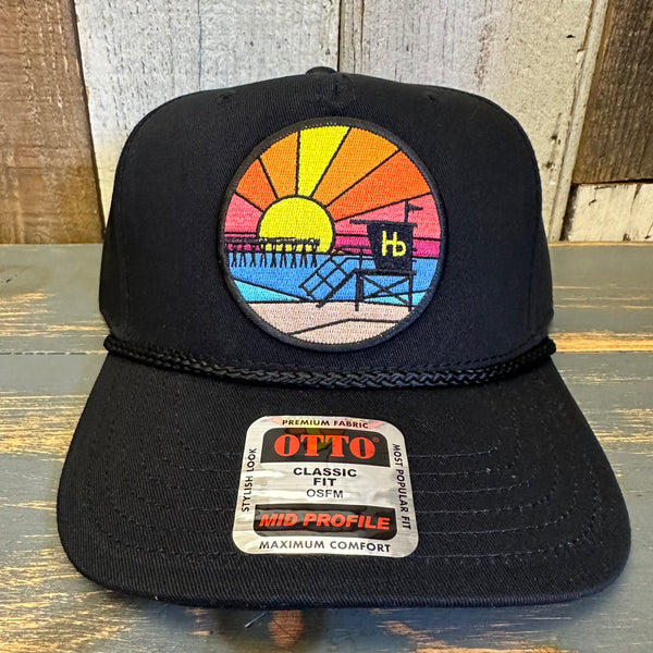 Hermosa Beach OBLIGATORY SUNSET 5 Panel Mid Profile Baseball Cap - Black