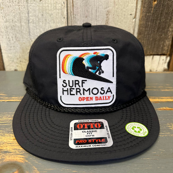 Hermosa Beach SURF HERMOSA :: OPEN DAILY 100% Recycled Pro Style Baseball Cap - Black ♻️
