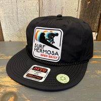 Hermosa Beach SURF HERMOSA :: OPEN DAILY 100% Recycled Pro Style Baseball Cap - Black ♻️