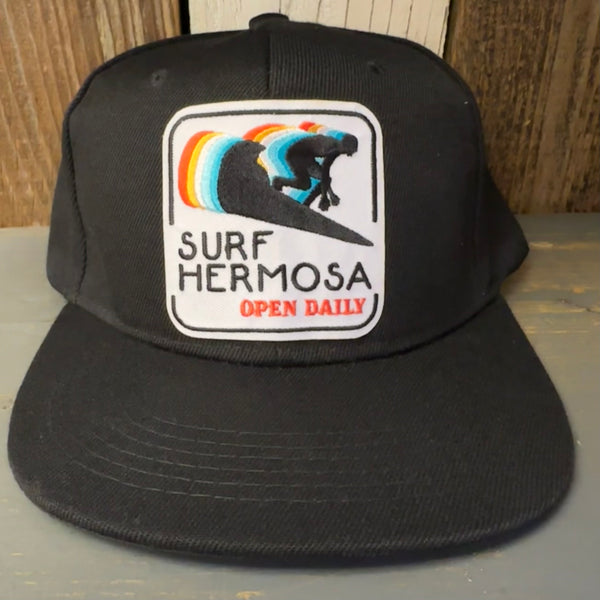 Hermosa Beach SURF HERMOSA :: OPEN DAILY Trucker Hat - Black (Flat Brim)