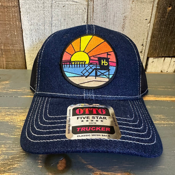 Hermosa Beach OBLIGATORY SUNSET Premium 6 Panel Denim Trucker Hat - Navy/White Stitching