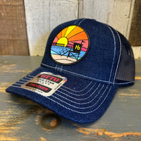Hermosa Beach OBLIGATORY SUNSET Premium 6 Panel Denim Trucker Hat - Navy/White Stitching