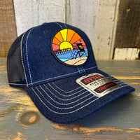 Hermosa Beach OBLIGATORY SUNSET Premium 6 Panel Denim Trucker Hat - Navy/White Stitching