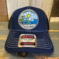 Hermosa Beach SHOREFRONT Premium 6 Panel Denim Trucker Hat - Navy/White Stitching