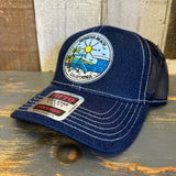 Hermosa Beach SHOREFRONT Premium 6 Panel Denim Trucker Hat - Navy/White Stitching