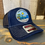 Hermosa Beach SHOREFRONT Premium 6 Panel Denim Trucker Hat - Navy/White Stitching