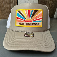 Hermosa Beach MUY HERMOSA High Crown Trucker Hat (Khaki/White)