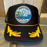 Hermosa Beach SHOREFRONT 5 Panel High Crown Mesh Back Captain Trucker Hat- Black/Gold