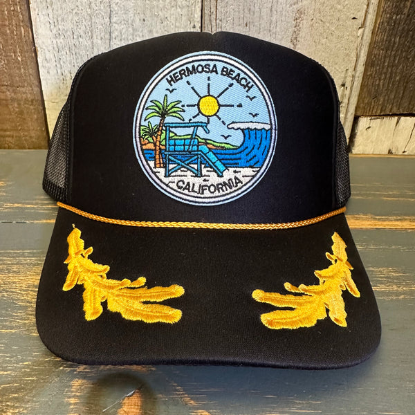 Hermosa Beach SHOREFRONT 5 Panel High Crown Mesh Back Captain Trucker Hat- Black/Gold