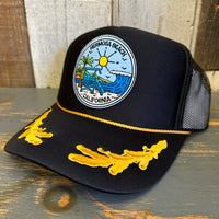 Hermosa Beach SHOREFRONT 5 Panel High Crown Mesh Back Captain Trucker Hat- Black/Gold